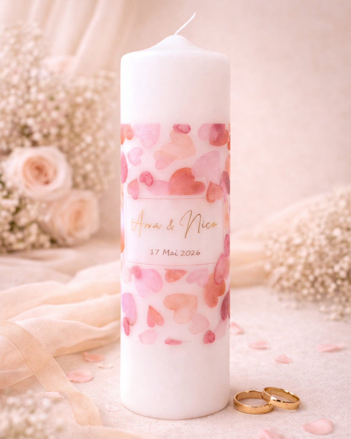 Personalisierte Hochzeitskerze mit Aquarellherzen – Namen, Datum & Trauspruch