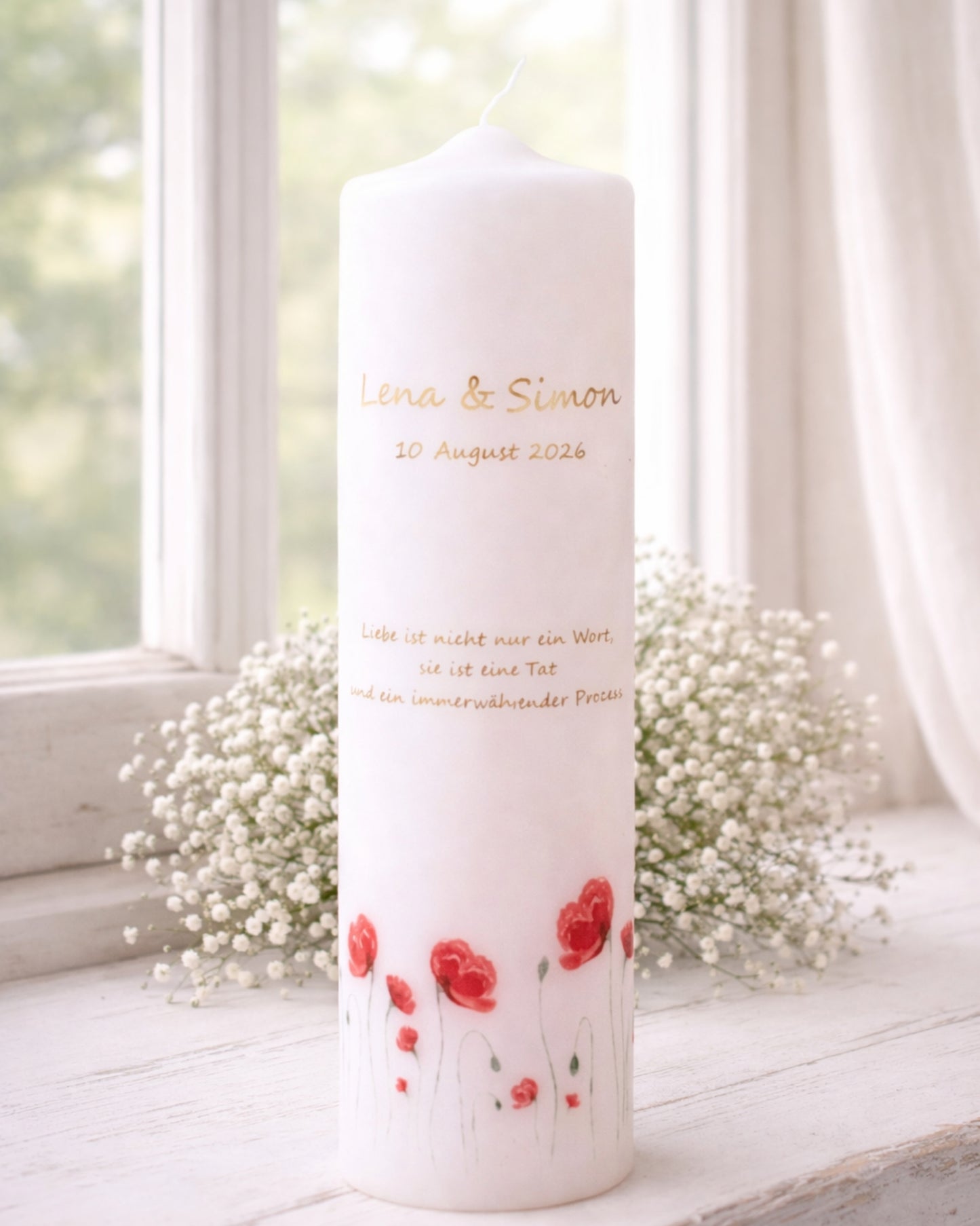 Personalisierte Hochzeitskerze mit rotem Mohn (Aquarell) – Namen, Datum & Trauspruch