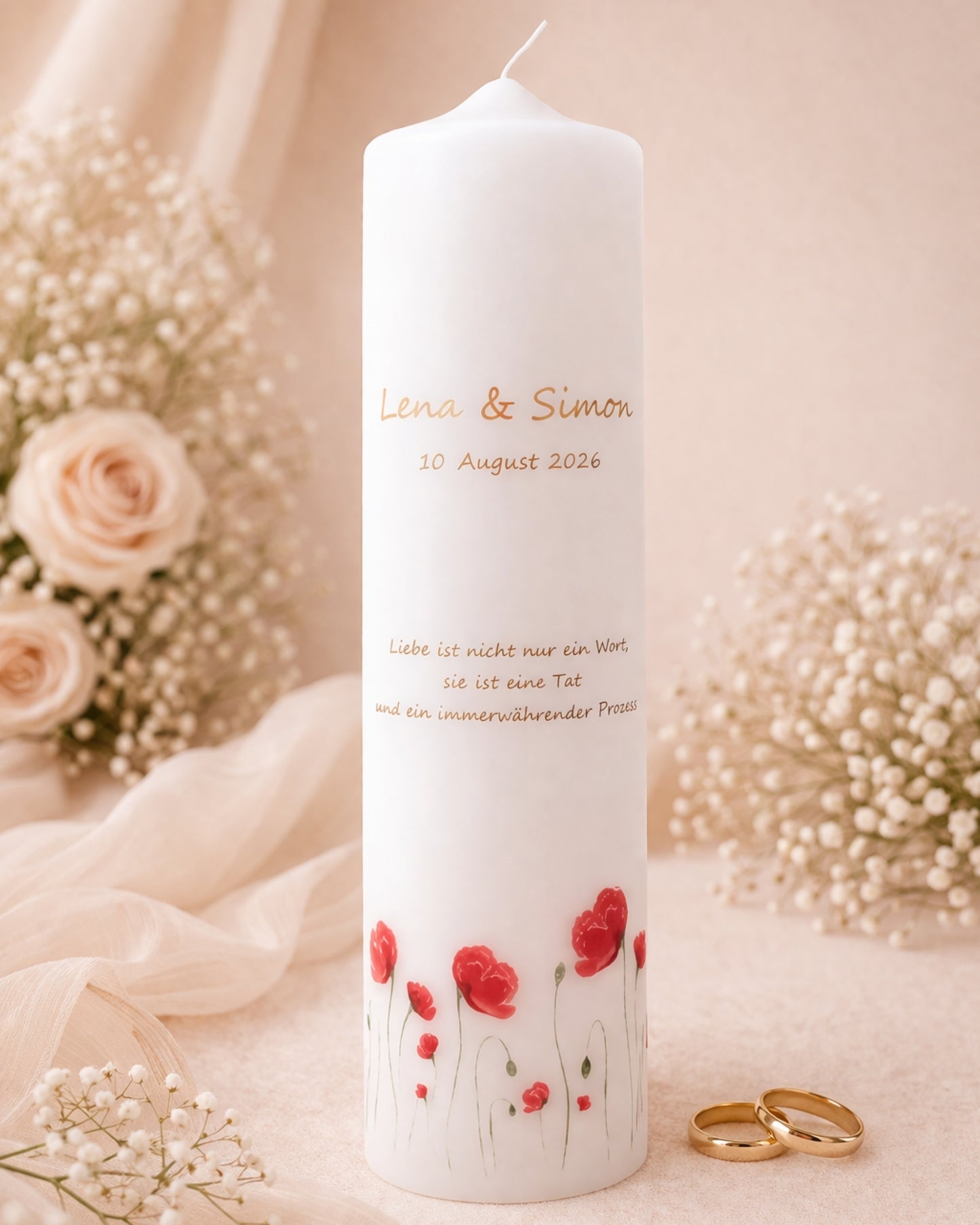 Personalisierte Hochzeitskerze mit rotem Mohn (Aquarell) – Namen, Datum & Trauspruch