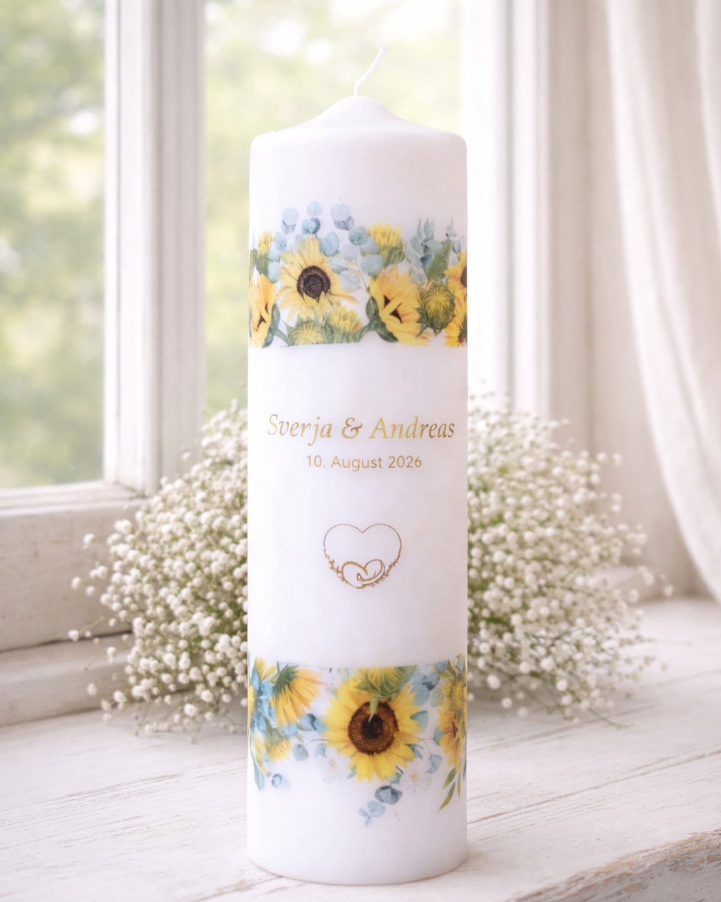 Personalisierte Hochzeitskerze mit Sonnenblumen (Aquarell) – Namen, Datum & Trauspruch