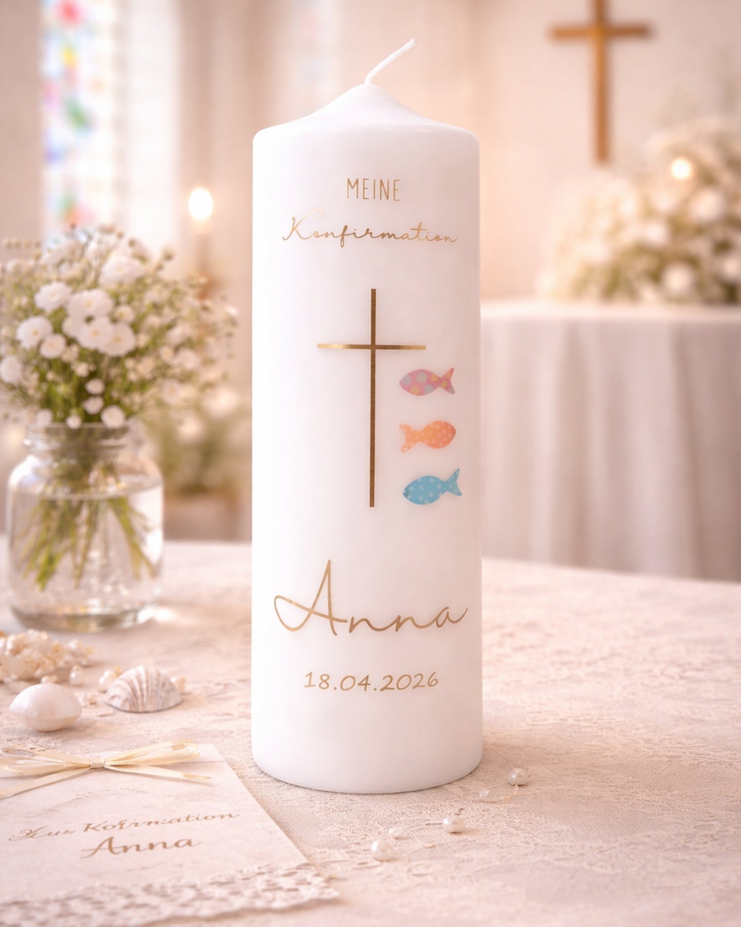 Konfirmations- & Kommunionskerze Kreuz & Fische – personalisiert mit Name & Datum