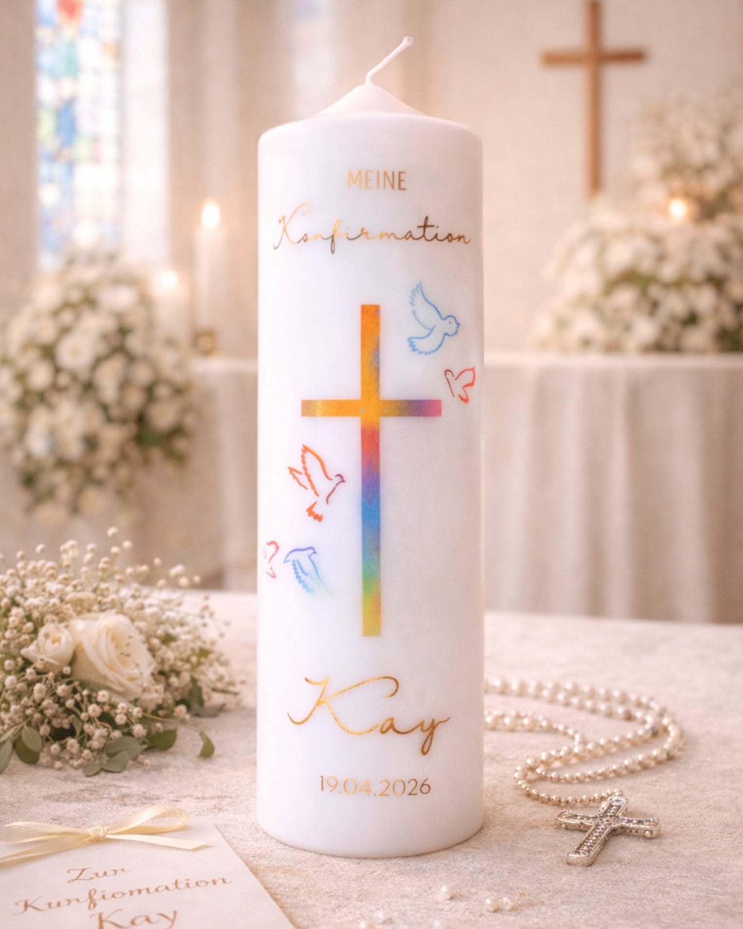 Kommunions- & Konfirmationskerze Kreuz & Tauben – personalisiert mit Name & Datum