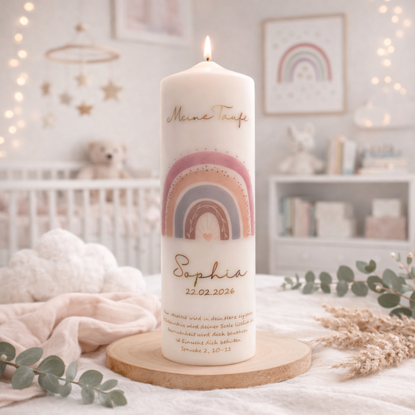 Personalisierte Taufkerze Regenbogen rosa – Name, Datum & Taufspruch