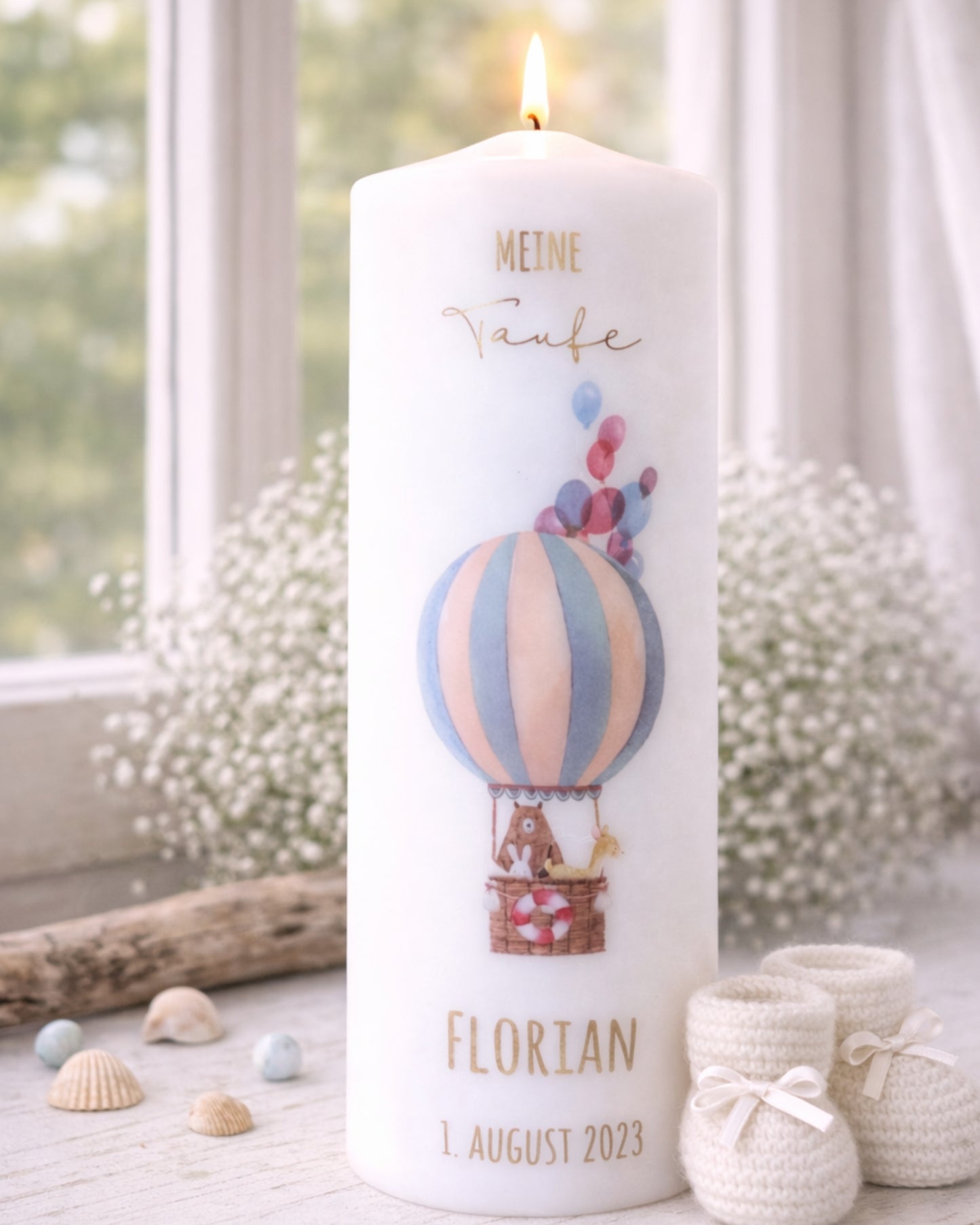 Personalisierte Taufkerze Aquarell Ballon – Name, Datum & Taufspruch
