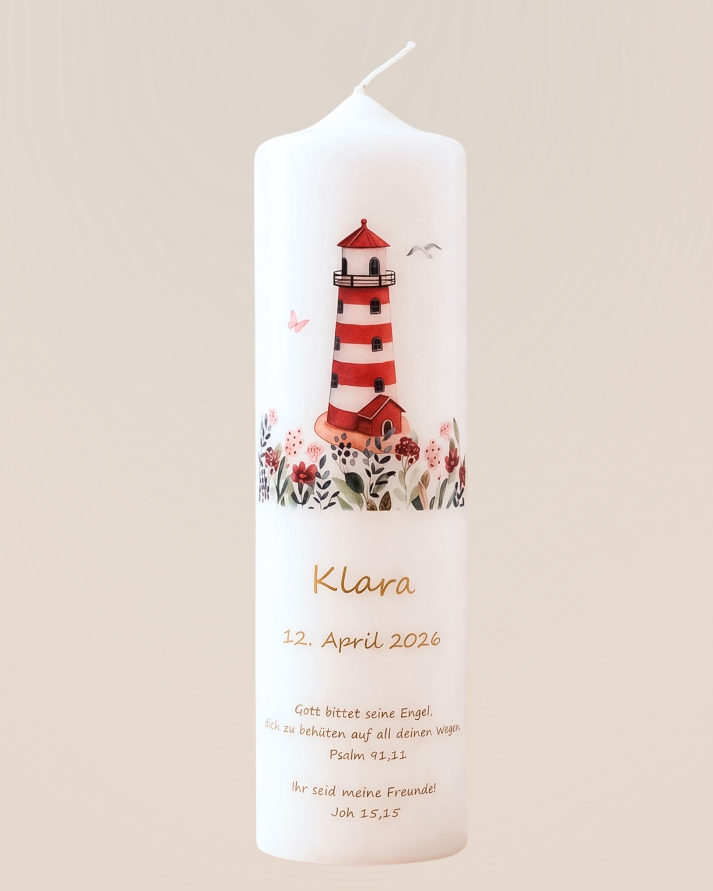 Personalisierte Taufkerze Leuchtturm – Name, Datum & Taufspruch