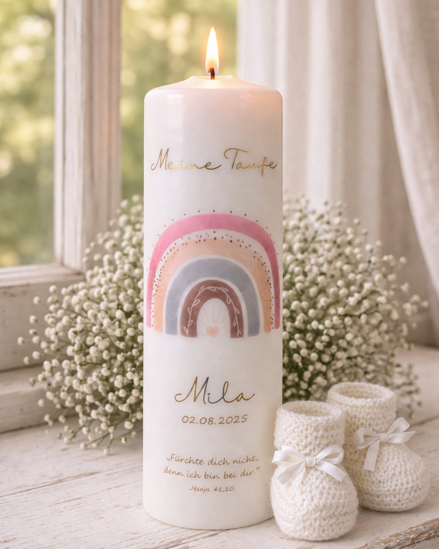 Personalisierte Taufkerze Regenbogen rosa – Name, Datum & Taufspruch