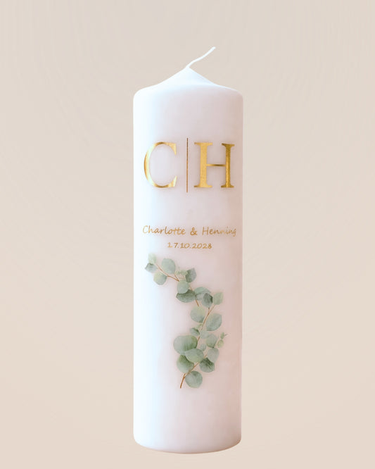 Personalisierte Kerze mit Initialen & Eukalyptus – Hochzeit, Verlobung & Geschenk