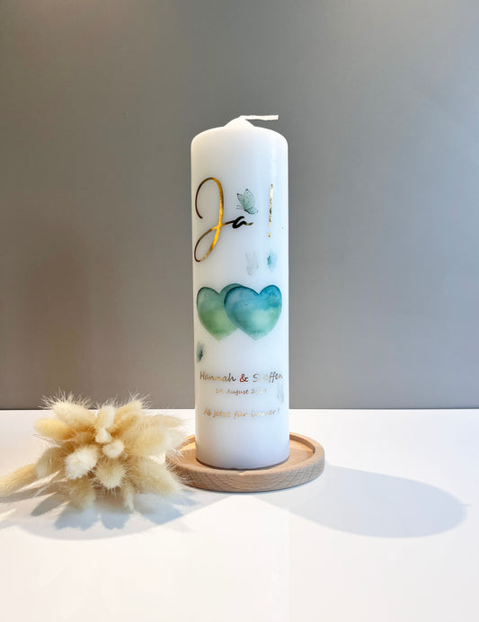 Hochzeitskerze - grüne Aquarellherzen und Schmetterlinge