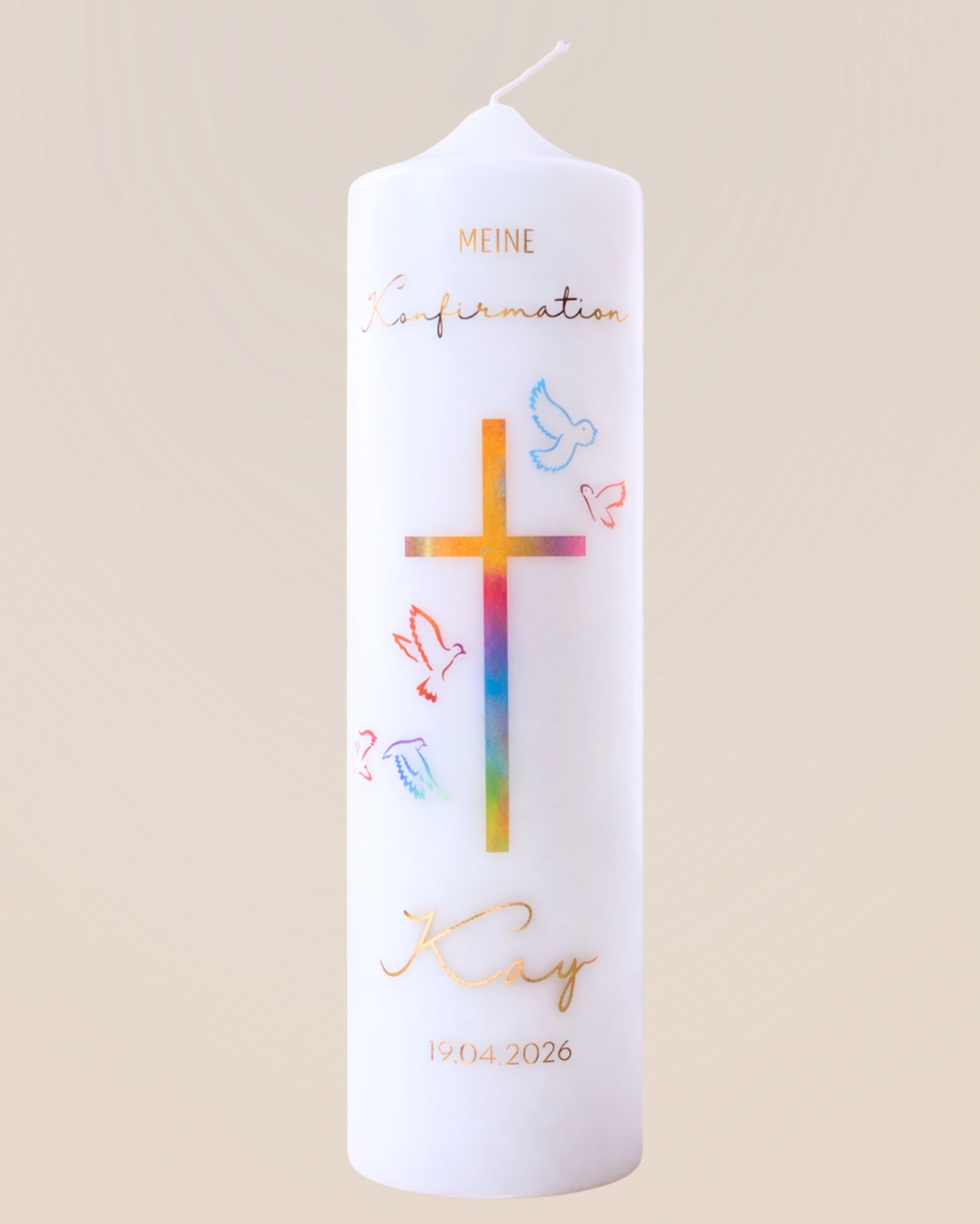 Kommunions- & Konfirmationskerze Kreuz & Tauben – personalisiert mit Name & Datum