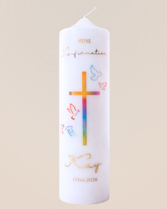 Kommunions- & Konfirmationskerze Kreuz & Tauben – personalisiert mit Name & Datum