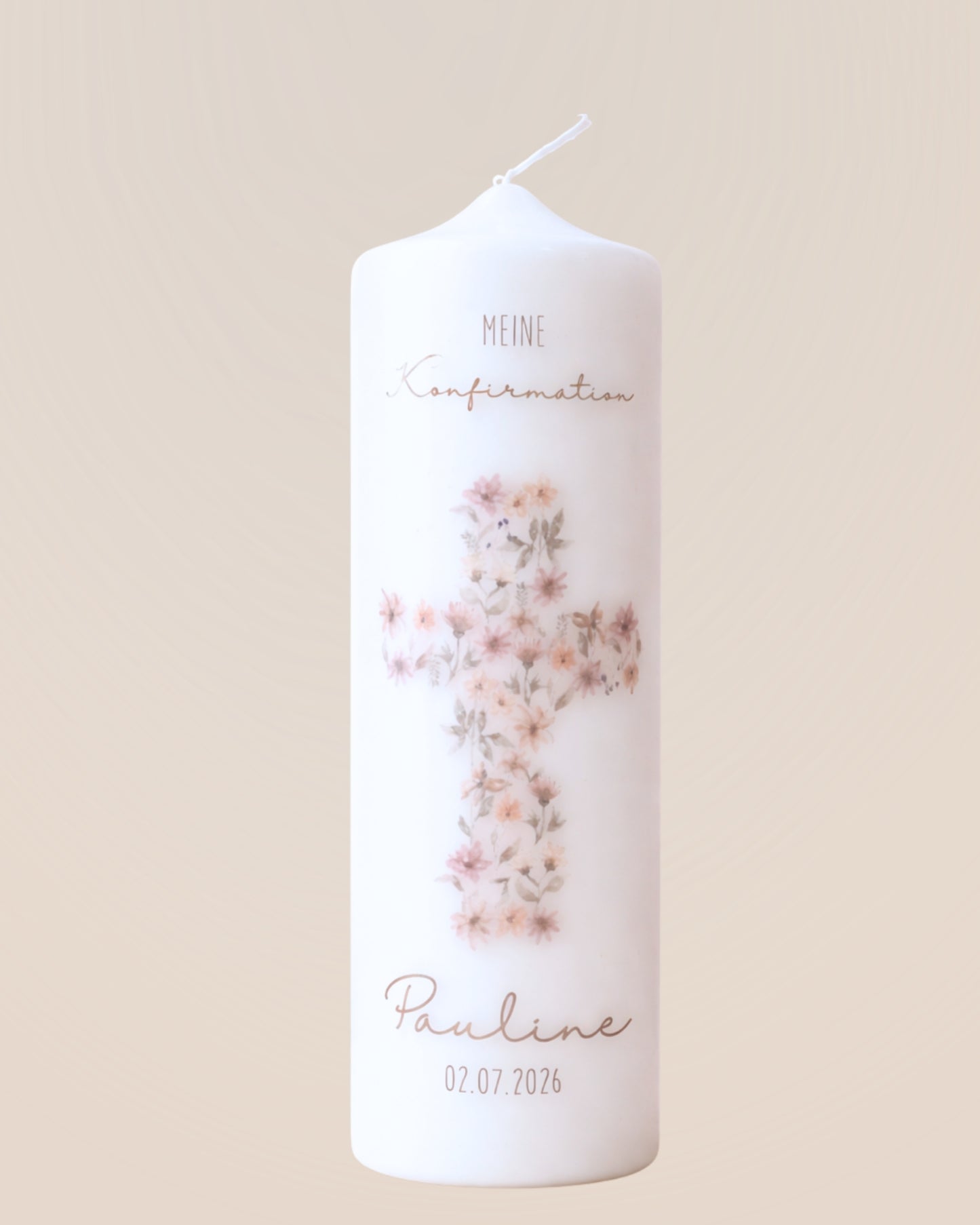 Personalisierte Kommunions- & Konfirmationskerze mit Blumenkreuz – Name & Datum