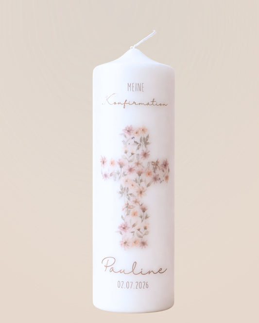 Personalisierte Kommunions- & Konfirmationskerze mit Blumenkreuz – Name & Datum