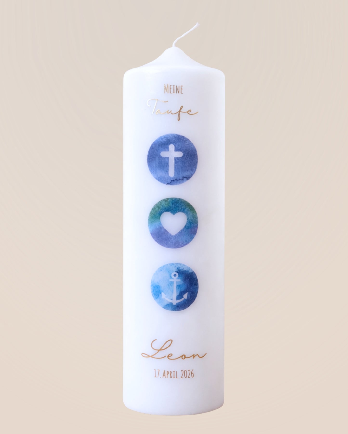 Personalisierte Taufkerze Glaube Liebe Hoffnung blau – Name, Datum & Taufspruch