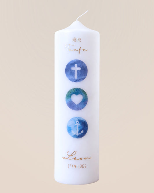 Personalisierte Taufkerze Glaube Liebe Hoffnung blau – Name, Datum & Taufspruch