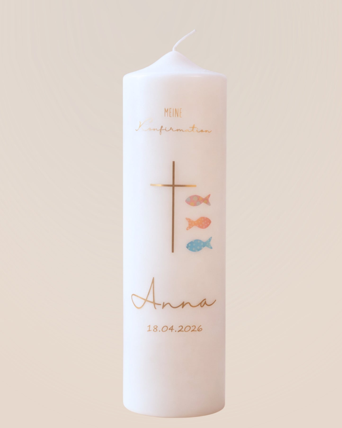 Konfirmations- & Kommunionskerze Kreuz & Fische – personalisiert mit Name & Datum