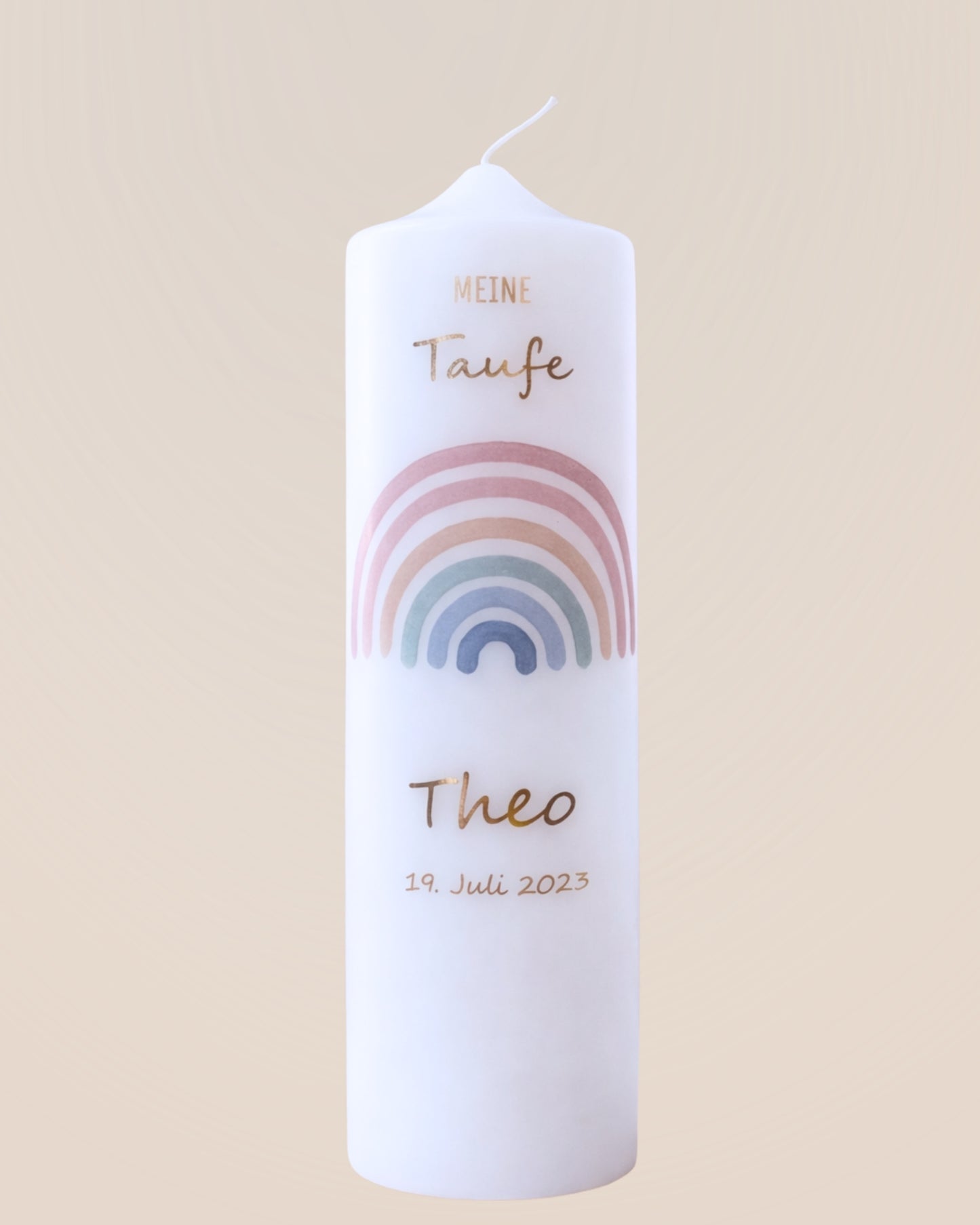 Personalisierte Taufkerze Regenbogen bunt – Name, Datum & Taufspruch