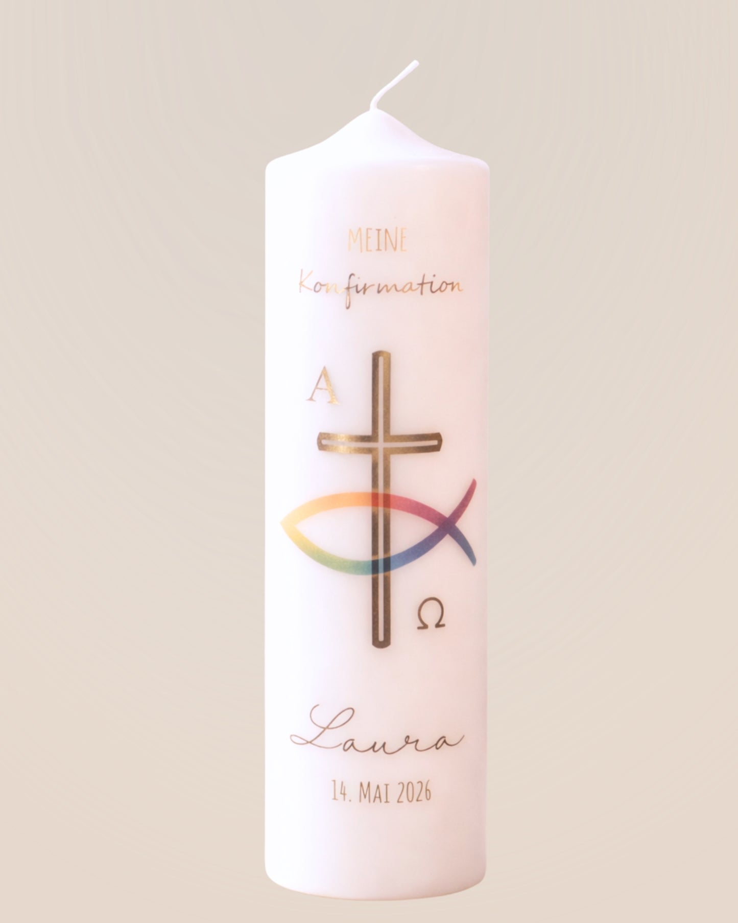 Kommunions- & Konfirmationskerze Kreuz &  Fisch in Regenbogenfarben – personalisiert